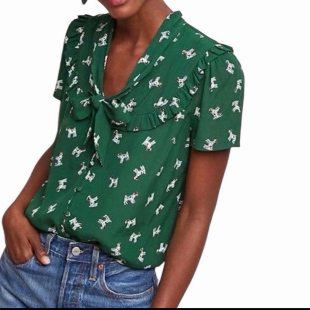 Anthropologie Maeve Adagio Green dog print Short-Sleeve Bow-Front Blouse 🐶